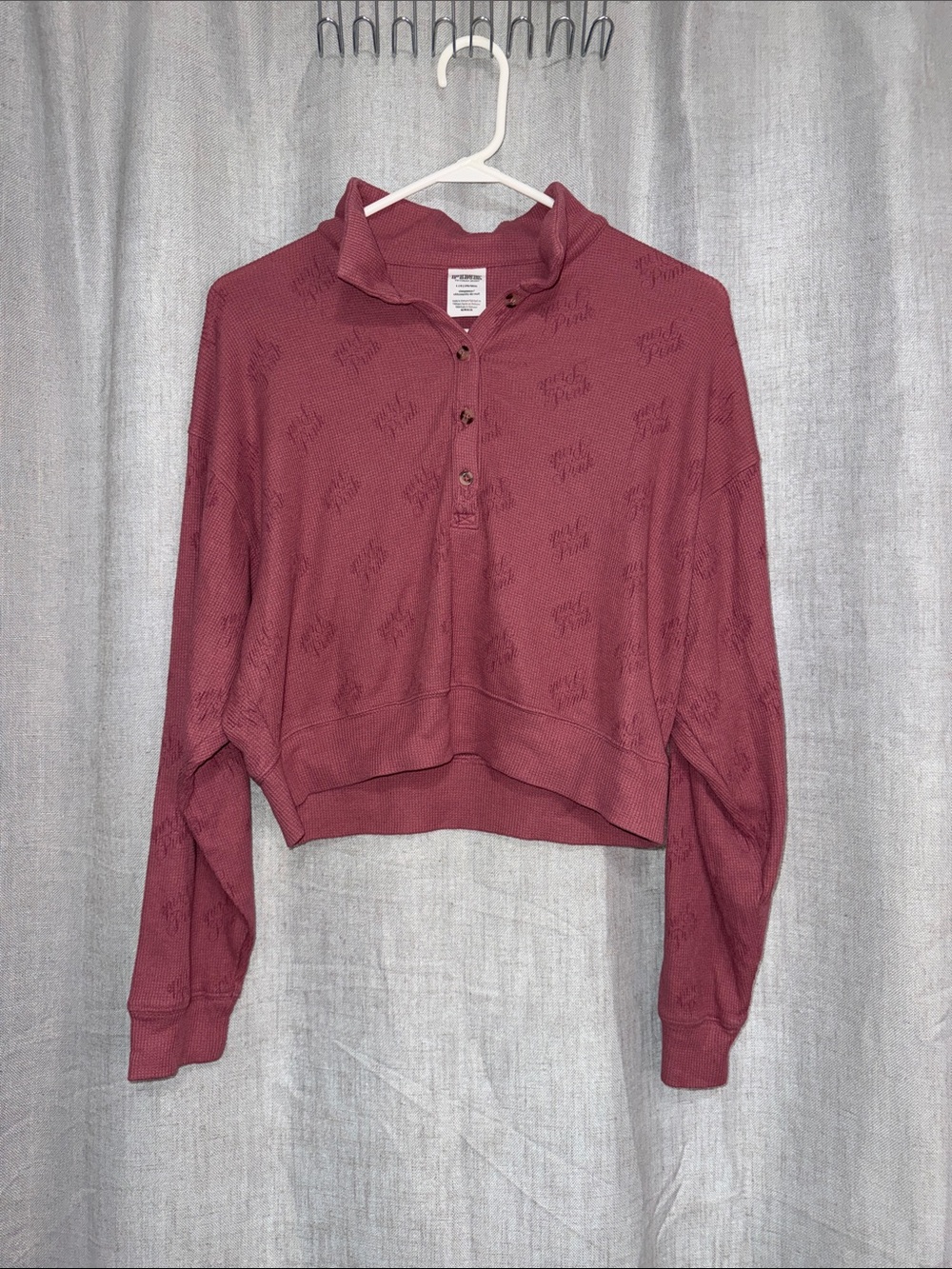 PINK Victoria’s Secret Mauve Waffle Knit Henley Thermal Sleep Crop Top